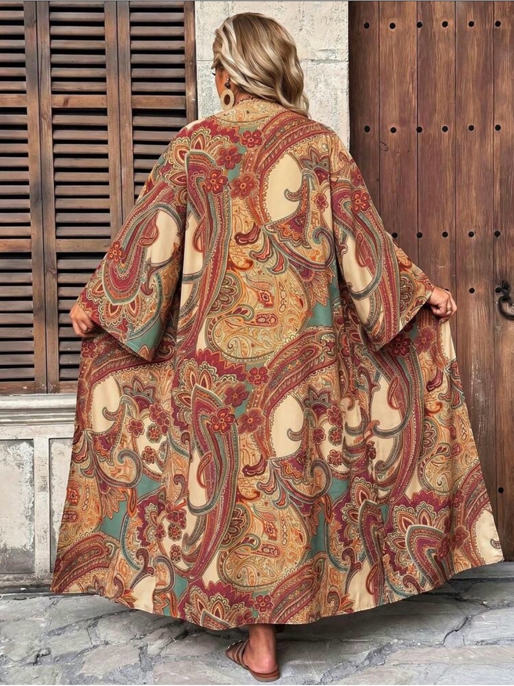 Paisley Maxi Kimono in Beige & Rust
